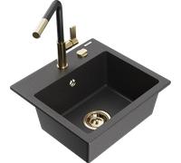 Mexen Milo évier en granit 1-bac avec robinet de cuisine Flora, noir moucheté - 6505-76-670401-57-G 20567 5905315058348