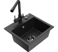 Mexen Milo évier en granit à 1 bac avec robinet de cuisine Duero, noir/métallisé or - 6505-75-671600-70-B 17235 5905315023490