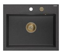 Mexen Oscar évier en granit à 1 bac 580 x 490 mm, noir moucheté, siphon doré - 6519581000-76-G 29292 5905315236302
