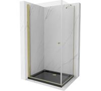 Mexen Pretoria Paroi de douche basculante 80 x 70 cm, transparente, or + receveur de douche Flat, noir - 852-080-070-50-00-4070G