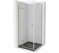 Mexen Roma cabine de douche avec porte battante 90 x 90 cm, Transparent, Or + receveur de douche Flat, Noir - 854-090-090-50-00-4070G