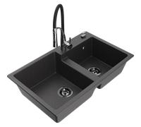 Mexen Tomas évier en granit à 2 bacs avec robinet de cuisine Aster, noir moucheté - 6516-76-73450-07-B 19352 5905315048295