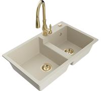 Mexen Tomas évier en granit 2 bacs avec robinet de cuisine Savita, beige - 6516-69-672601-50 18025 5905315036469
