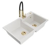 Mexen Tomas évier en granit 2 bacs avec robinet de cuisine Aster, blanc - 6516-20-73450-57-G 19328 5905315048004