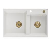 Mexen Tomas évier en granit à 2 bacs 800 x 500 mm, blanc, siphon doré - 6516802000-20-G 16232 5905315012326