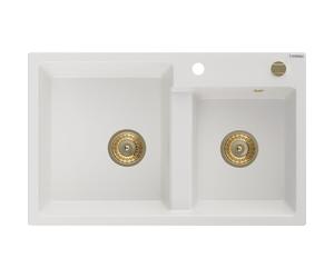 Mexen Tomas Évier en granit 2 bacs 800 x 500 mm, blanc, siphon doré - 6516802000-20-G 16232 5905315012326
