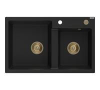 Mexen Tomas évier en granit 2 bacs 800 x 500 mm, noir, siphon doré - 6516802000-77-G 16239 5905315012388
