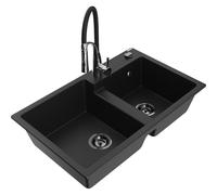 Mexen Tomas Évier en granit 2 bacs avec robinet de cuisine Aster, noir - 6516-77-73450-07-B 19357 5905315048356