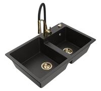 Mexen Tomas Évier en granit 2 bacs avec robinet de cuisine Aster, noir/or métallisé - 6516-75-73450-57-G 19348 5905315048240