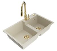 Mexen Tomas évier en granit 2 bacs avec robinet de cuisine Savita, beige - 6516-69-672601-50 18025 5905315036469