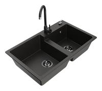 Mexen Tomas évier en granit 2 bacs avec robinet de cuisine Telma, noir/or métal - 6516-75-670200-70-B 18664 5905315016140