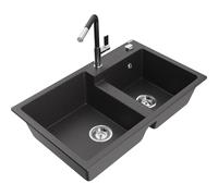 Mexen Tomas évier en granit 2 cuves avec mitigeur de cuisine Flora, noir moucheté - 6516-76-670401-07 21097 5905315062802