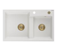 Mexen Tomas évier en granit à 2 bacs 800 x 500 mm, blanc, siphon doré - 6516802000-20-G 16232 5905315012326