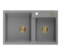 Mexen Tomas évier en granit à 2 bacs 800 x 500 mm, gris, siphon doré - 6516802000-71-G 16235 5905315012340