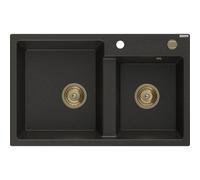 Mexen Tomas évier en granit à 2 bacs 800 x 500 mm, noir/doré métallisé, siphon doré - 6516802000-75-G 16237 5905315012364