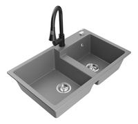 Mexen Tomas évier en granit à 2 bacs avec robinet de cuisine Elia, gris - 6516-71-670101-70 20096 5905315031396