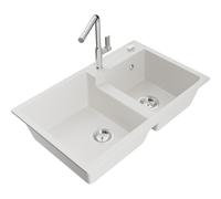 Mexen Tomas Évier en granit à 2 bacs avec robinet de cuisine Flora, blanc - 6516-20-670401-00 21062 5905315062451