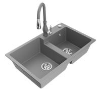 Mexen Tomas évier en granit à 2 bacs avec robinet de cuisine Savita, gris - 6516-71-672601-71 18112 5905315036520