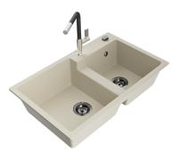 Mexen Tomas évier granitique double bac avec mitigeur de cuisine Flora, beige - 6516-69-670401-07-B 21072 5905315062550