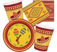 Mexico Kit de fête 67 pièces avec assiettes, gobelets, serviettes et décorations | Fête nationale mexicaine Fête d'anniversaire Fête à thème Ballons Fiesta Siesta