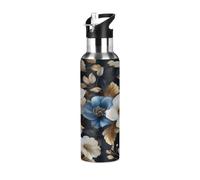 Mexpekil Bouteille d'eau de sport avec paille - Double paroi isotherme en acier inoxydable - Gourde réutilisable et étanche pour la salle de sport, le travail, les voyages - Fleur blanche et bleue