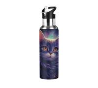 Mexpekil Bouteille d'eau isotherme de 600 ml avec couvercle à paille en acier inoxydable pour voyage, sport, course à pied, cyclisme, randonnée - Violet - Motif chat d'Halloween