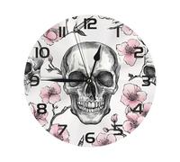 Mexpekil Horloge murale silencieuse avec tête de mort et fleur noire - 25 cm - Horloge murale ronde à piles - Horloge décorative moderne pour salon, cuisine, chambre à coucher, bureau