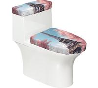 Mexpekil Serviette Paris Eiffel Rose Abattant WC + Couvercle Réservoir Set | Couvertures de chasse d'eau souples et extensibles lavables anti-poussière avec bords élastiques pour décoration de salle de