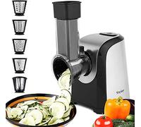 Meykey Râpe électrique pour légumes et fruits 150 W avec 5 accessoires et grand tube d'alimentation pour vos légumes et fruits, sans BPA
