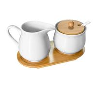 MeYuxg Set Lait et Sucre, Contient Pot a Lait avec Plateau en Bois et Sucrier avec Couvercle et Une Cuillère, Pot à Lait en Céramique et Sucrier, Passe au Micro-Ondes et au Lave-Vaisselle (Blanc)