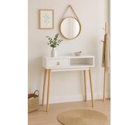 Meyvaser.com Ecommerce Company Meuble d'entrée blanc avec 1 tiroir et pieds en bois de hêtre - 80 x 30 x 60 cm - Console moderne d'entrée avec poignée en similicuir