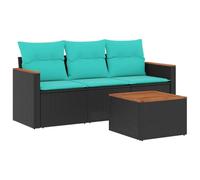 Mhdvray Ensemble Canapé de Jardin 4 Pcs Résine Tressée Noir Acacia | Salon bas d'extérieur modulaire en polyrotin noir avec table en bois d'acacia et coussins bleus pour terrasse et patio.