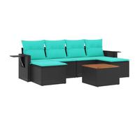 Mhdvray Ensemble Canapé de Jardin 7 Pcs Résine Tressée Noir Coussins Bleus | Salon de terrasse modulable 7 pièces en poly rotin noir avec table en bois d acacia et tablettes pliantes pour patio.