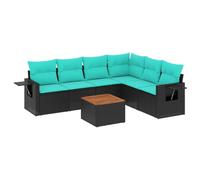 Mhdvray Ensemble Canapé de Jardin 7 Pcs Résine Tressée Salon de Terrasse | Salon extérieur modulable pour patio et cour avec table en bois d acacia et tablettes latérales pliables.