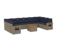Mhdvray Ensemble Salon de Jardin 11 Pcs Canapé Modulaire Rotin PE Gris | Salon extérieur modulable pour terrasse et patio avec table en bois d'acacia et tablettes latérales pliables intégrées.