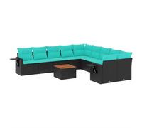 Mhdvray Salon de Jardin 11 Pièces Résine Tressée Canapé Modulaire Noir | Ensemble modulable d'extérieur pour terrasse et patio avec table en bois d'acacia et tablettes latérales pliables intégrées.