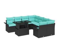 Mhdvray Salon de Jardin Modulable 9 Pièces Résine Tressée Noir | Mobilier d'extérieur modulable 8 places avec table en verre trempé et coussins turquoise pour terrasse et jardin.