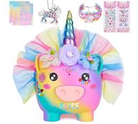 MHJY Tirelire Licorne pour Enfants Tirelire en Résine Incassable pour Filles avec Collier, Bracelet et Autocollants DIY - Coffre à Monnaie Mignon - Idée Cadeau Anniversaire Noël
