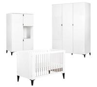 MIA Chambre bébé lit évolutif 120x60 + armoire + penderie Blanc | Sommier réglable sur 3 hauteurs et 3 barreaux amovibles pour accompagner la croissance de bébé. Structure en hêtre et MDF.