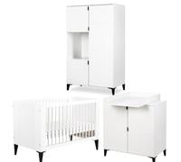 MIA Chambre bébé lit évolutif 120x60 + commode + plan + armoire Blanc | Sommier réglable sur 3 hauteurs et 3 barreaux amovibles pour accompagner la croissance de bébé. Structure en hêtre et MDF.