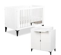 MIA Chambre bébé lit évolutif 120x60 + commode + plan Blanc | Sommier réglable sur 3 hauteurs et 3 barreaux amovibles pour accompagner la croissance de bébé. Structure en hêtre et MDF.
