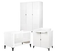 MIA Chambre bébé lit évolutif 120x60 + commode + plan + penderie Blanc | Sommier réglable sur 3 hauteurs et 3 barreaux amovibles pour accompagner la croissance de bébé. Structure en hêtre et MDF.