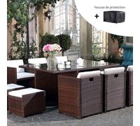 Salon de jardin 10 places marron-blanc + housse de protection MIAMI
