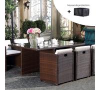 Salon de jardin 6 places marron-blanc + housse de protection MIAMI