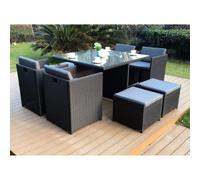 Concept Usine – Salon de jardin MIAMI 8 places, résine noire, coussins gris, housse de protection
