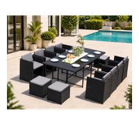 CONCEPT USINE | Salon de Jardin Encastrable Résine Tressée 12 Personnes | Miami Noir Coussins Gris | Table Plateau de Verre Amovible + 8 Fauteuils + 4 poufs | Coussins Déhoussables | Résiste à l'eau