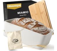 MIAMIO - Boîte à Pain pour Plan de Travail de Cuisine/Boîte à Pain en Céramique avec Planche à Découper, Conteneur à Pain avec Couvercle en Bambou, 32 x 21 x 11,5 cm (Blanc)
