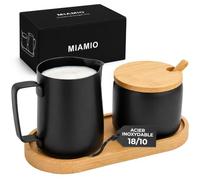 MIAMIO - Ensemble Crémier et Sucrier, Pot à Lait et Sucrier avec Plateau en Bambou et Cuillère, Set en Acier Inoxydable, Pot à Lait 330 ml, Sucrier 270 ml - Lavable au lave-vaisselle (Noir)