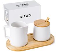 MIAMIO - Ensemble de service à sucre et crème avec couvercle et cuillère/Accessoires de bar à café en céramique - Compatible micro-ondes et lave-vaisselle (Blanc)