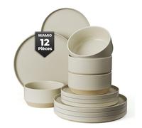 MIAMIO - Ensemble de Vaisselle pour 4 Personnes/Ensemble de 12 Pièces en | Ensemble de Vaisselle pour 4 Personnes/ Ensemble de 12 Pièces en Grès Beige/ Convient au- Collection Sierra (Clair, Service